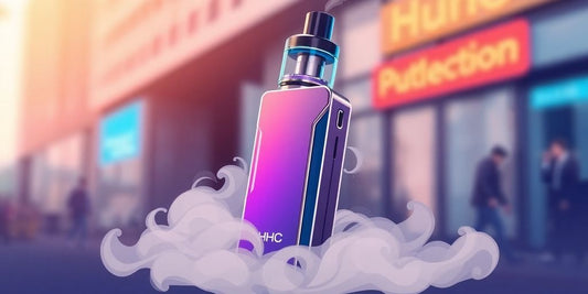 Илюстрация на HHC vape устройство с облаци пара.
