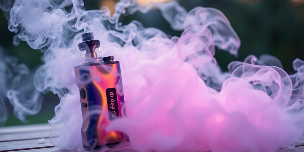 Илюстрация на HHC Vape с облаци от пара.